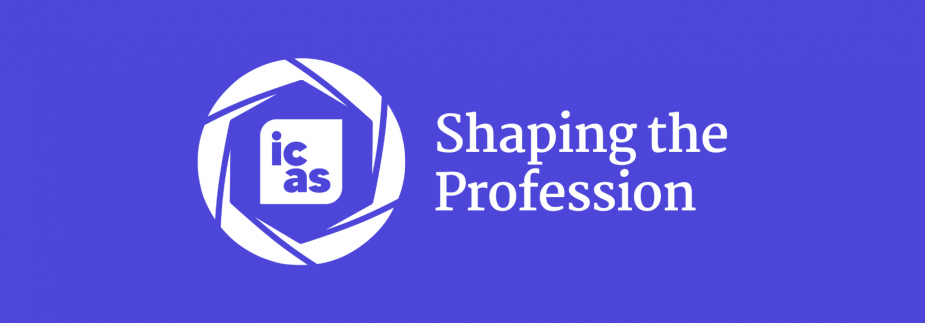 Purple image. ICAS logo left aligned. Image says 'Shaping the Profession'